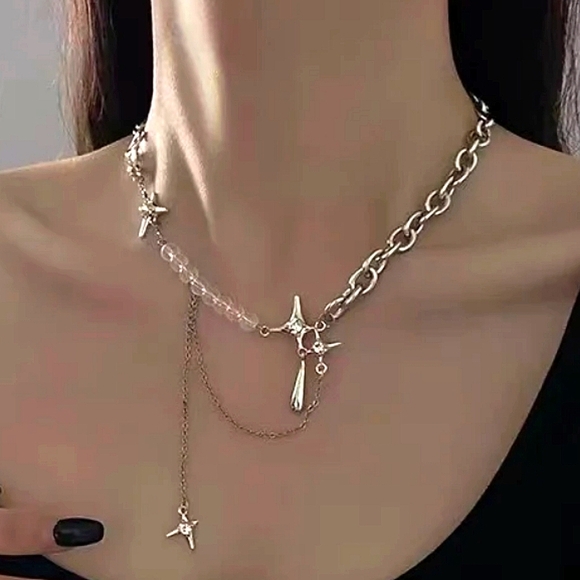 Silver North Star Beaded Chain Link Punk Necklace - Picture 1 of 13